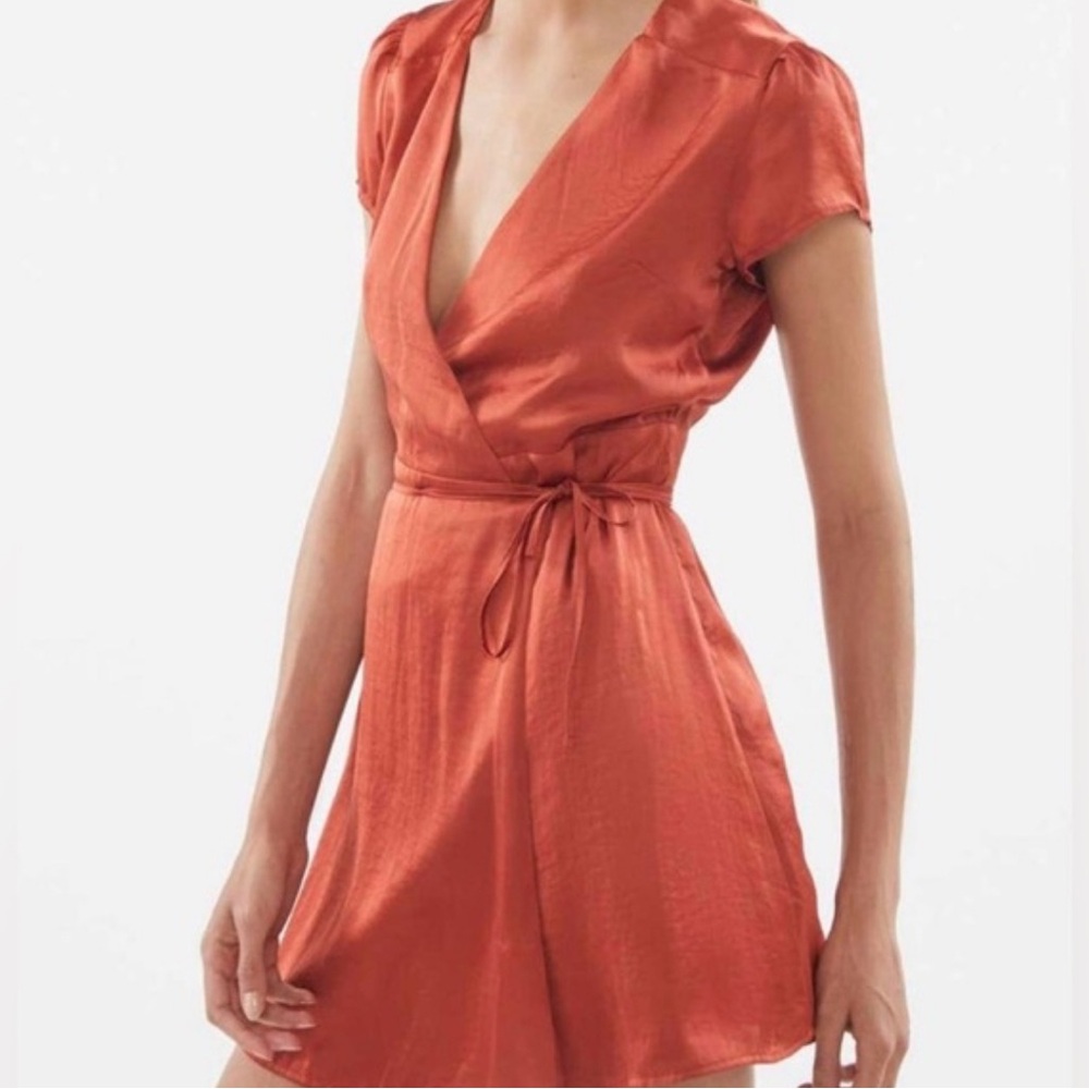 Urban Outfitters Rust Satin Wrap Short Sleeve Mini Dress